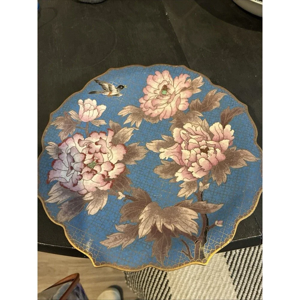 Blue Pink Flower Cloisonne Brass Enamel Hand Painted Plate Vintage Chinese